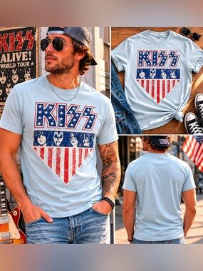 KISS Americana Graphic Tee Light Blue Band Shirt Men’s Size Medium